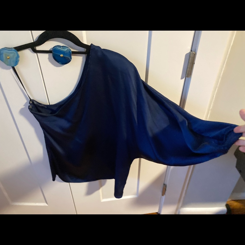 Silk navy blue one sleeve blouse